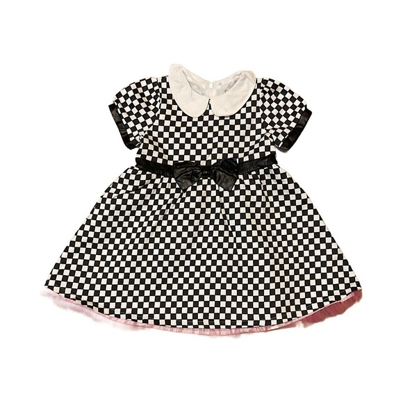 Harajuki Mini  Dress Girl Checkered Black White Pink Tulle Bow collar wet look - Picture 1 of 9